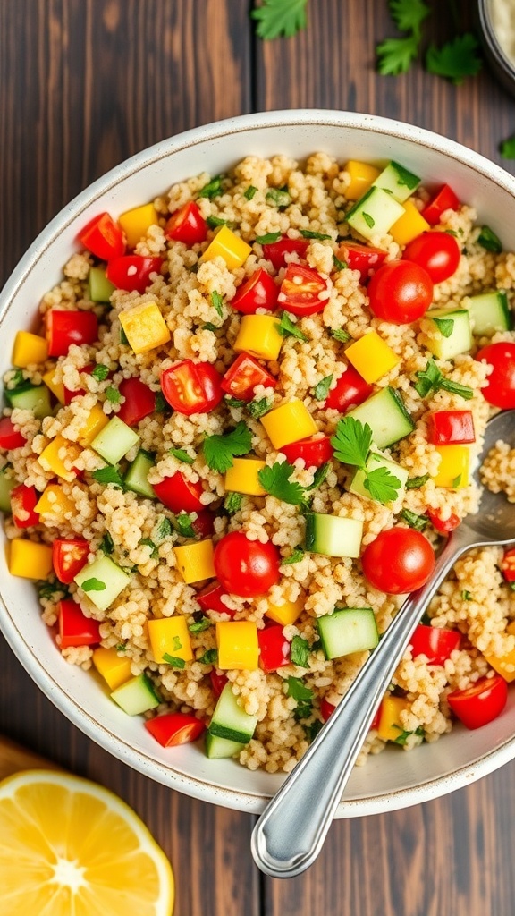 Colorful Quinoa Salad Recipe A vibrant quinoa salad with bell peppers, cucumber, cherry tomatoes, and parsley in a bowl, garnished with lemon vinaigrette.
